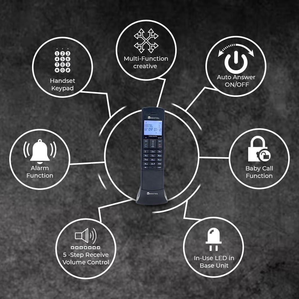 Beetel Newly Launched X95 Flagship Designer Cordless landline,Proudly Designed in India,2.4GHz,Dual Tone,Blue-White LCD,2-Way Speaker phone,Ringer & Volume control,Auto Answer,Alarm(X95)(Black/Grey) - Triveni World