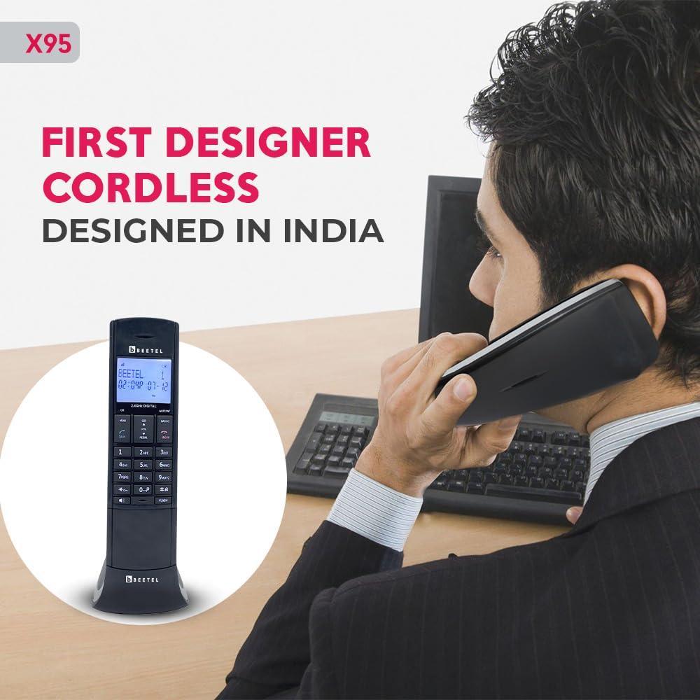 Beetel Newly Launched X95 Flagship Designer Cordless landline,Proudly Designed in India,2.4GHz,Dual Tone,Blue-White LCD,2-Way Speaker phone,Ringer & Volume control,Auto Answer,Alarm(X95)(Black/Grey) - Triveni World