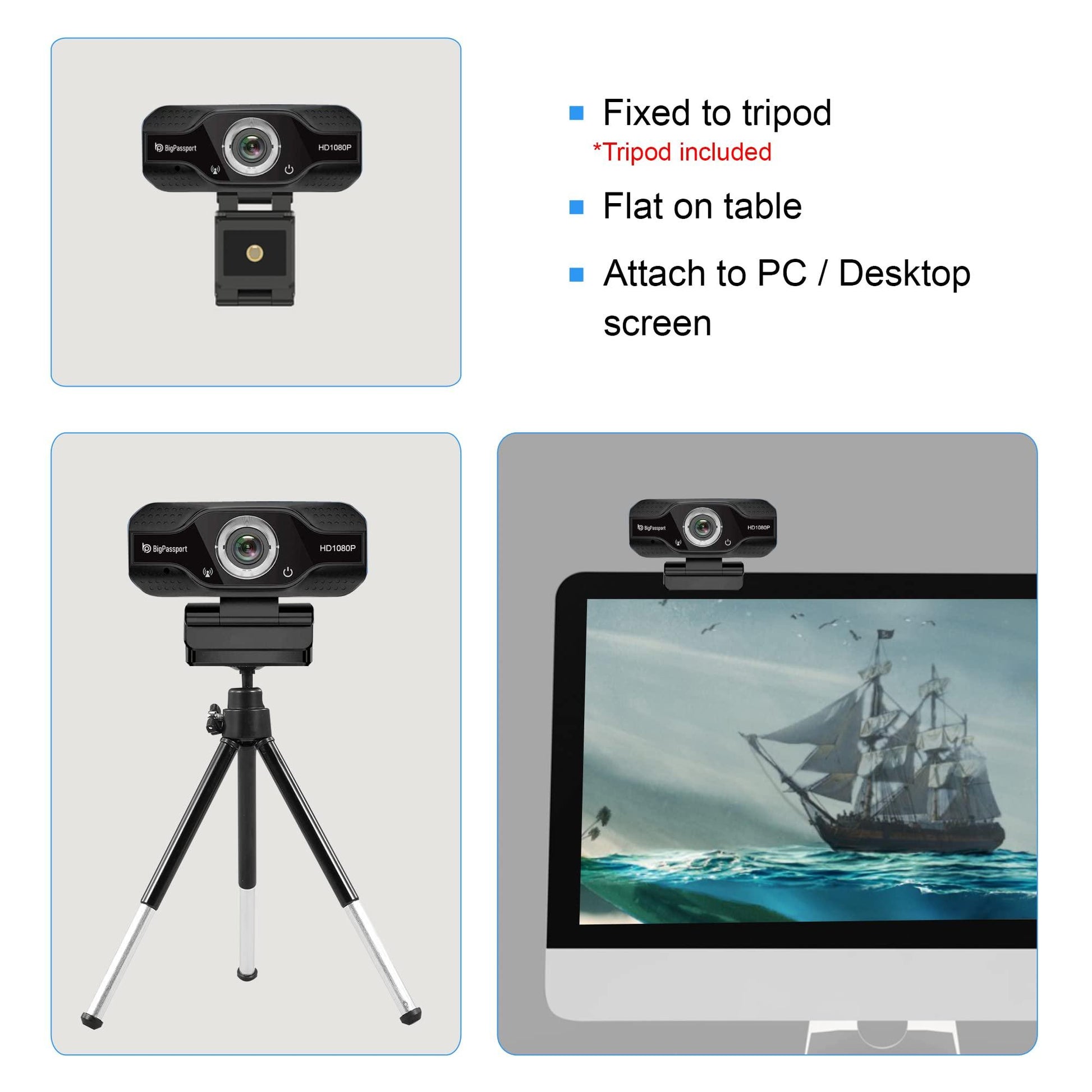 BigPassport 1080P/30fps 5P lens Full HD Webcam with Tripod & Inbuilt Microphone, Advanced Human Face Detection, Laptop Desktop Camera Video Webcam 110-Degree Widescreen for Video Streaming, Conference, Gaming, Online Classes - Triveni World