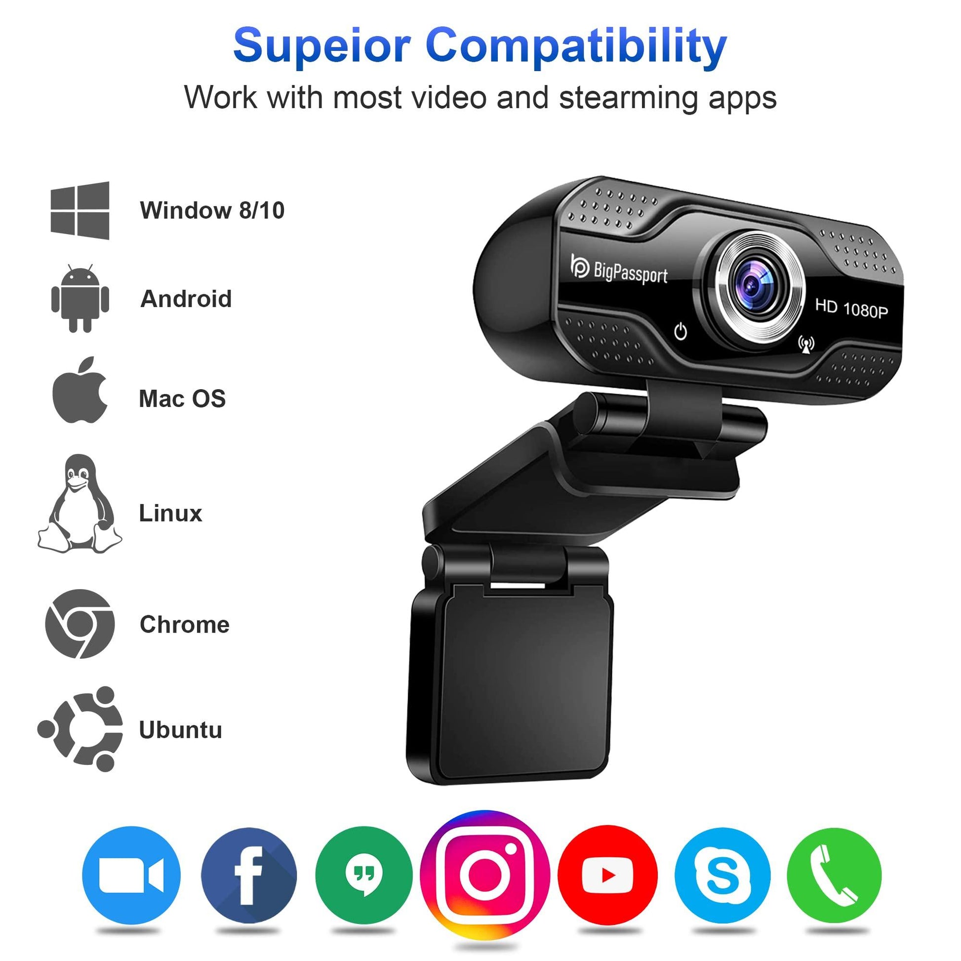 BigPassport 1080P/30fps 5P lens Full HD Webcam with Tripod & Inbuilt Microphone, Advanced Human Face Detection, Laptop Desktop Camera Video Webcam 110-Degree Widescreen for Video Streaming, Conference, Gaming, Online Classes - Triveni World