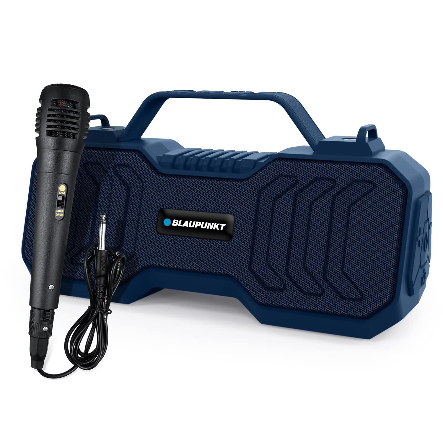 Blaupunkt Atomik BB20 Wireless Bluetooth Party Speaker 20W with Dual Passive Radiator I 1500mAh Battery I Deep Bass I Karaoke + Mic I USB I TWS I AUX I Outdoor Speaker with Carrying Strap(Royal Blue) - Triveni World