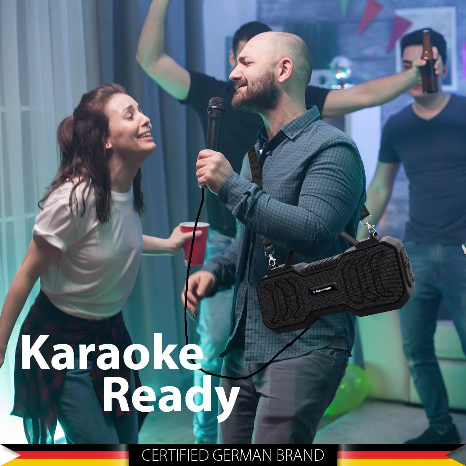 Blaupunkt Atomik BB20 Wireless Bluetooth Party Speaker 20W with Dual Passive Radiator I 1500mAh Battery I Deep Bass I Karaoke with Mic I USB I TWS I AUX I Outdoor Speaker with Carrying Strap(Black) - Triveni World