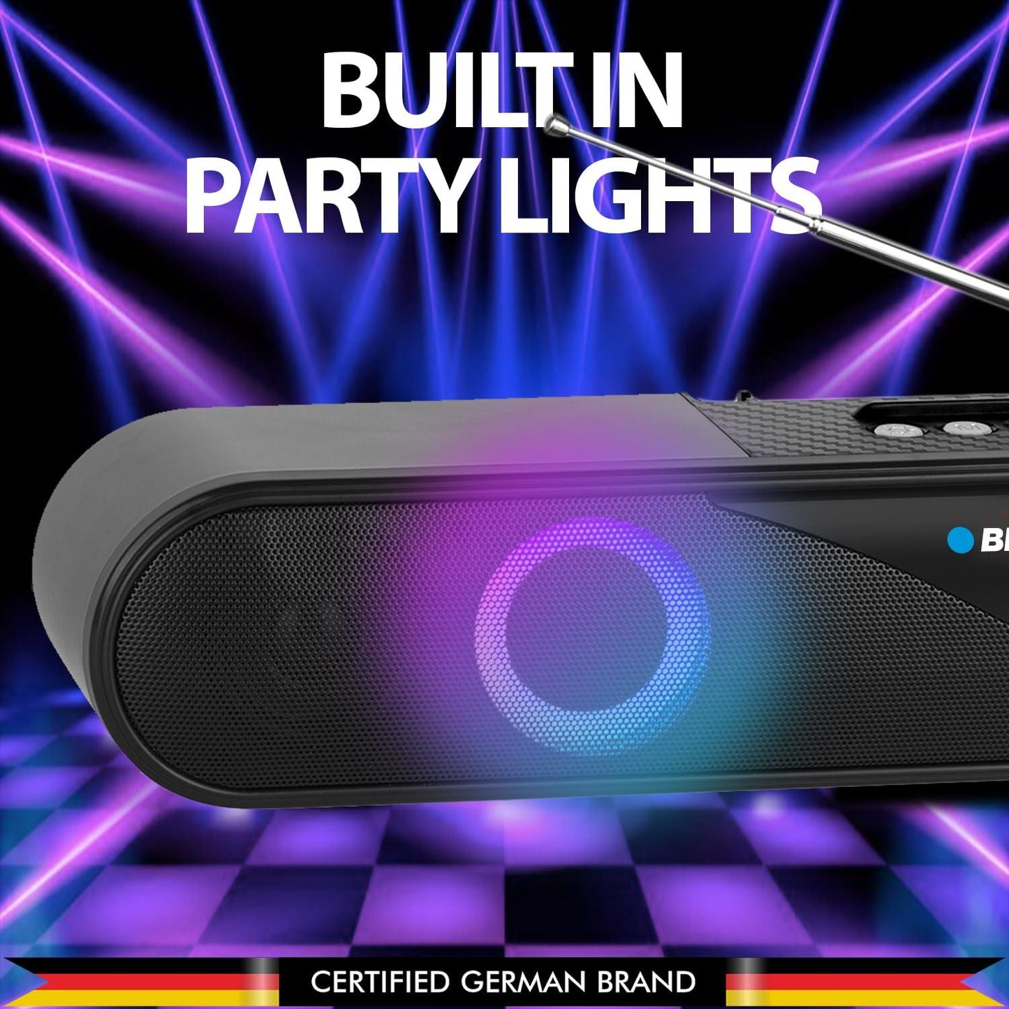 Blaupunkt Newly Launched SBA20 Koncert 20W Wireless Soundbar with 2000 mAh Battery I Karaoke Ready with Party RGB Lights I Bluetooth, USB & FM Antenna I Mini Gaming BT Soundbar for TV, Mobile - Triveni World