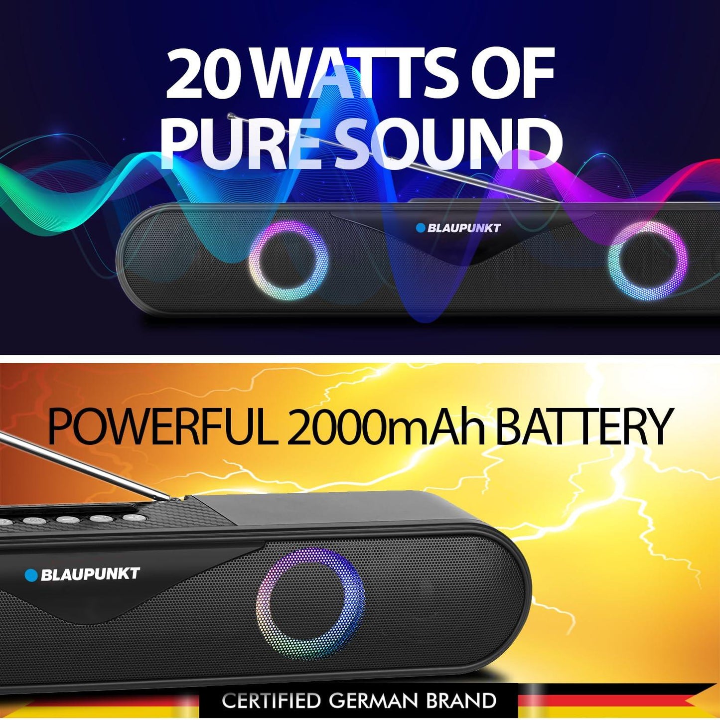 Blaupunkt Newly Launched SBA20 Koncert 20W Wireless Soundbar with 2000 mAh Battery I Karaoke Ready with Party RGB Lights I Bluetooth, USB & FM Antenna I Mini Gaming BT Soundbar for TV, Mobile - Triveni World