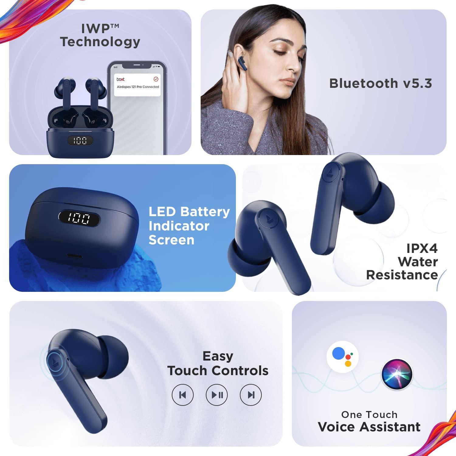 boAt Airdopes 121 PRO TWS Earbuds Signature Sound, Quad Mic ENx™, Low Latency Mode for Gaming, 50H Playtime, IWP™, IPX4, Battery Indicator Screen(Royal Blue) - Triveni World