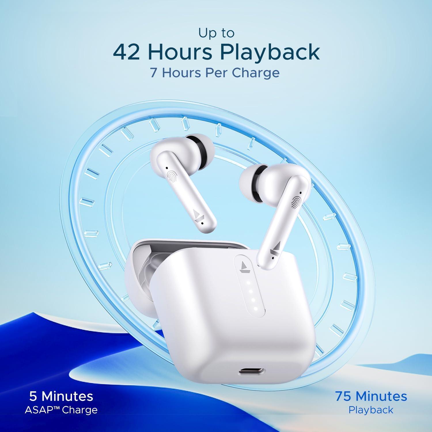 boAt Airdopes 141 Bluetooth TWS Earbuds with 42H Playtime,Low Latency Mode for Gaming, ENx Tech, IWP, IPX4 Water Resistance, Smooth Touch Controls(Pure White), in Ear - Triveni World