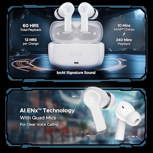 boAt Airdopes Flex 454 ANC in Ear TWS Earbuds with Smart Features, ANC, 60HRS Playback, Beast Mode(Low Latency), Quad Mics ENx Tech, Multi Point Connectivity, ASAP Charge(Zinc White) - Triveni World