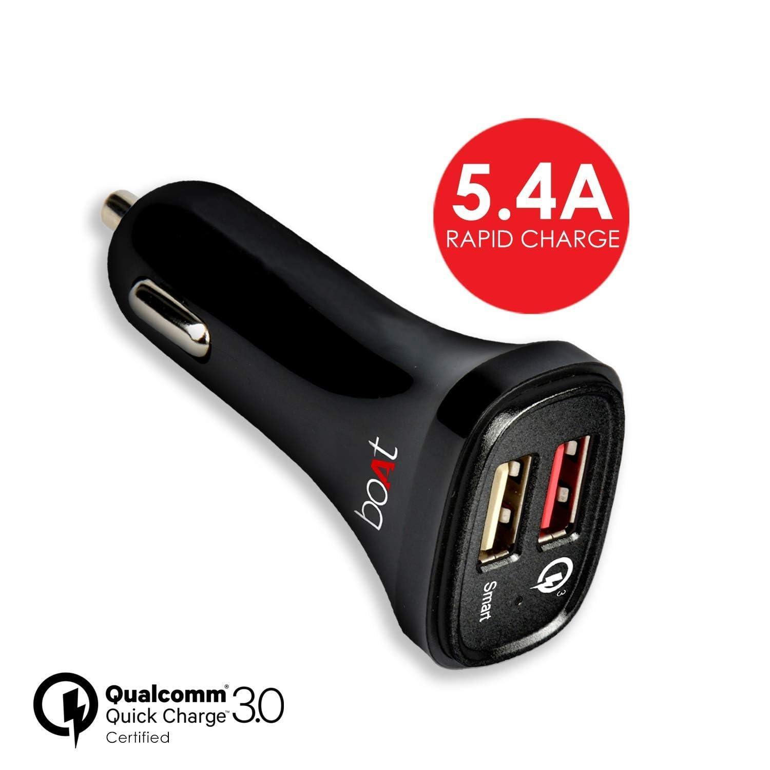 boAt Dual Port Rapid 5V Car Charger (Qualcomm Certified) Smart Charging with Quick Charge 3.0 for Cellular Phones (Black) (Without Cable) - Triveni World