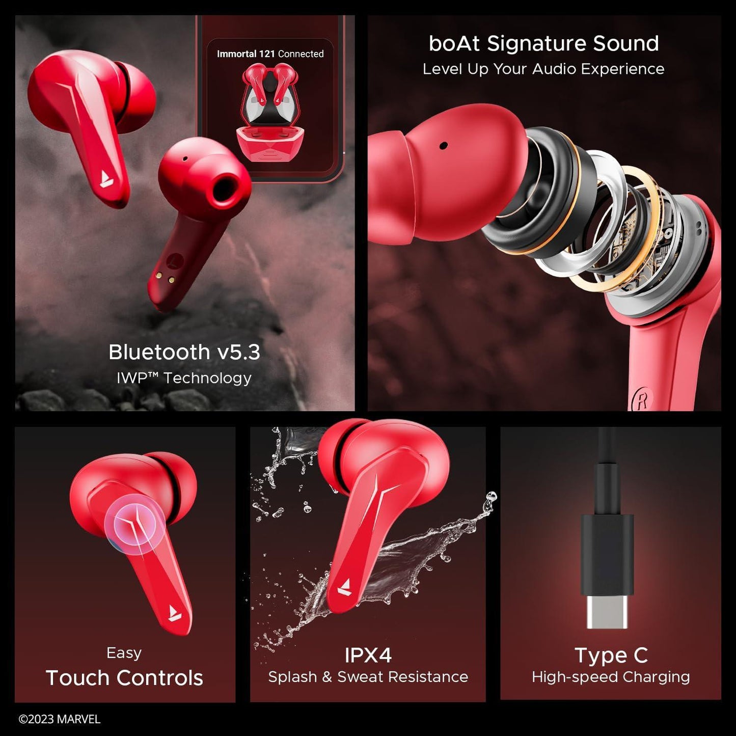 boAt Immortal 121 Deadpool Edition in Ear TWS Gaming Earbuds with Beast Mode(40Ms Low Latency), 40H Playtime, Blazing LEDs, Quad Mics ENx Tech, ASAP Charge(10 Mins= 180 Mins)(Assassin Red) - Triveni World