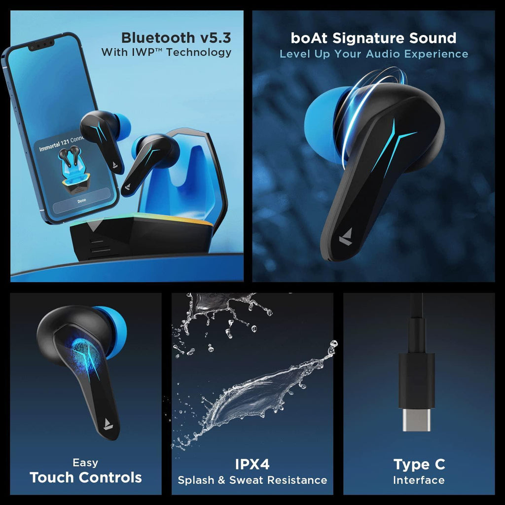 boAt Immortal 121 in Ear TWS Earbuds with Beast Mode(40ms Low Latency) for Gaming, 40H Playtime, Blazing LEDs, Quad Mics ENx Signature Sound, ASAP Charge(10 Mins= 180 Mins)(Black Sabre) - Triveni World