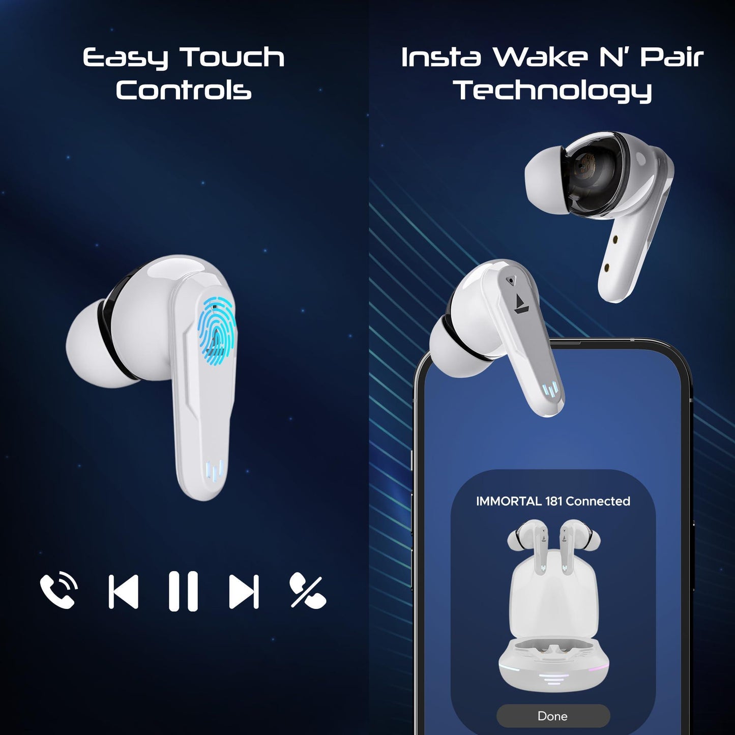 boAt Immortal 181 in Ear TWS Gaming Earbuds with up to 40 hrs Playtime,Quad Mics with ENx Tech,Beast Mode with 40ms Latency,ASAP Charge,IPX4,IWP, RGB LED Lights, BTv5.3(White Sabre) - Triveni World