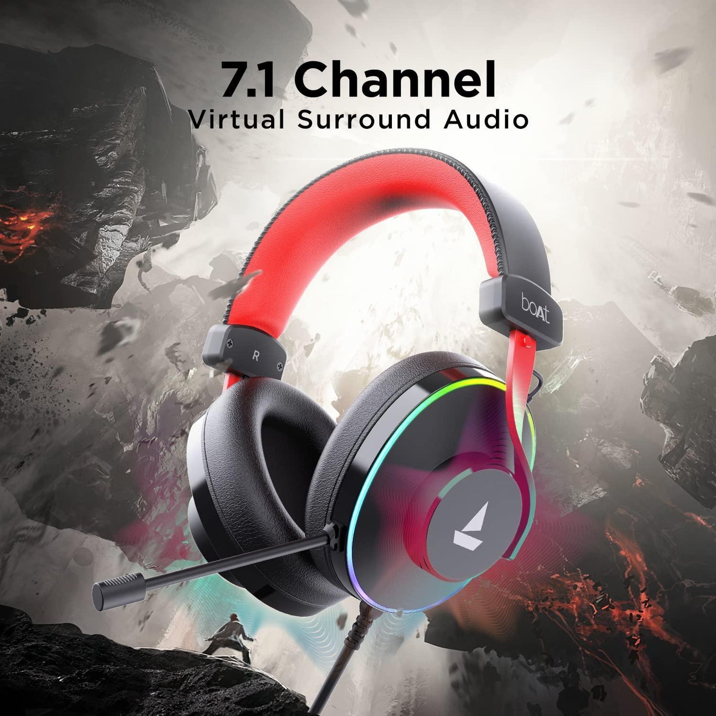 boAt Immortal IM-700 7.1 Channel PC Virtual Surround Sound, ENx Tech, RGB LEDs, Remote Control, Braided Cable USB Wired Over Ear Gaming Headphones with Mic and 50mm Drivers (Black Sabre) - Triveni World