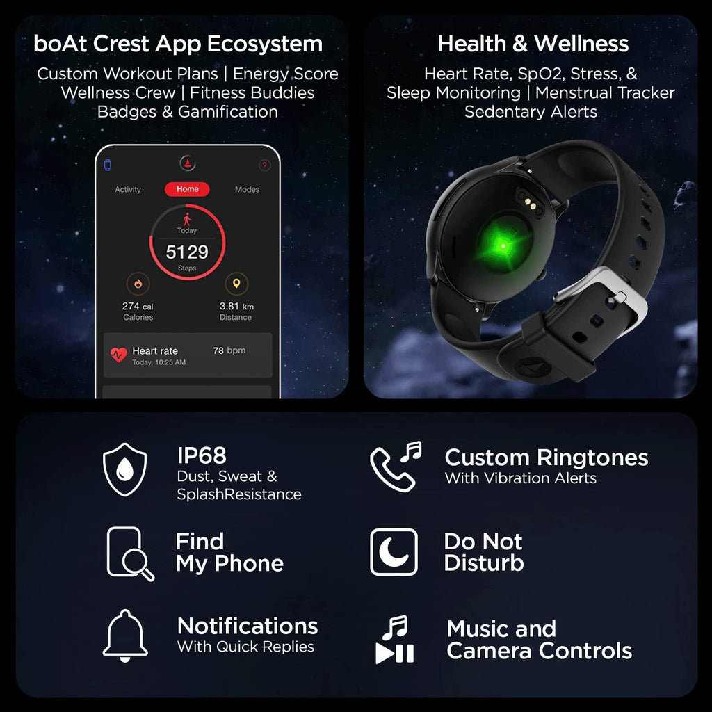 boAt Lunar Call Pro Smart Watch with 1.39 AMOLED Display, BT Calling,DIY Watch Face Studio, Coins, SensAI(Cricket Analysis),Apollo 3 Blue Plus Processor,Ambient Light Sensor(Charcoal Black) - Triveni World