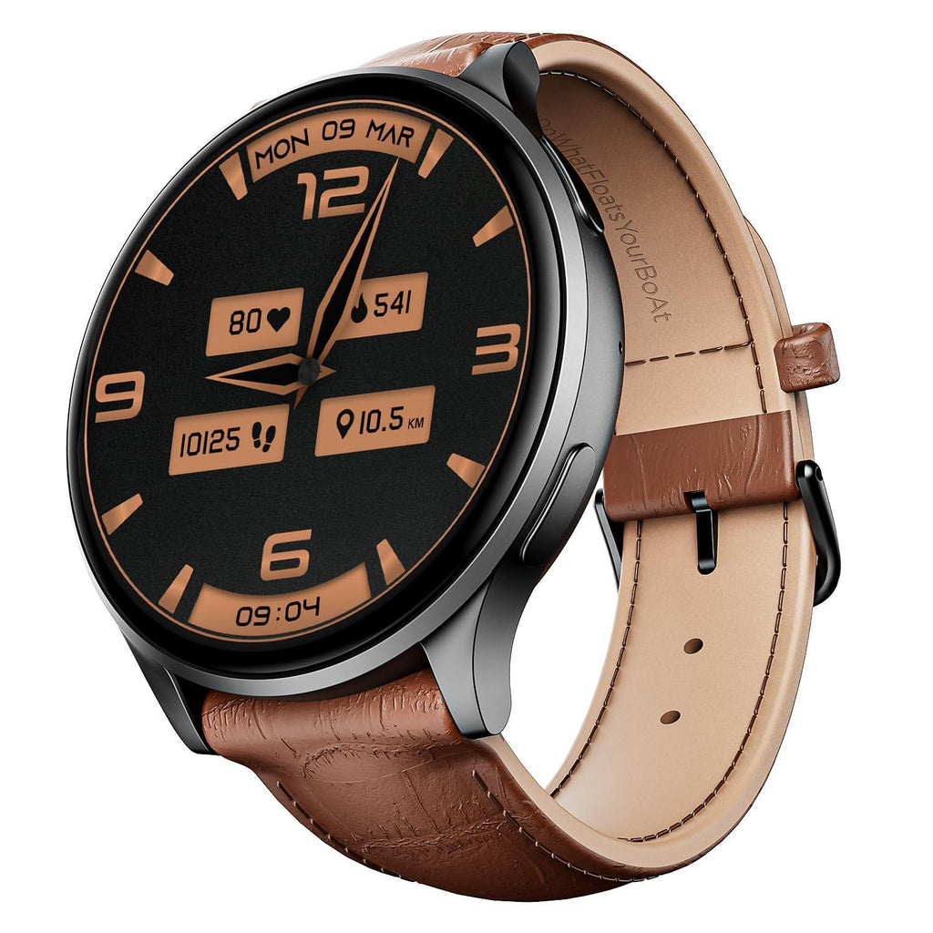 boAt Lunar Orb with 1.45" AMOLED Display, BT Calling, DIY Watch Face Studio, Coins, Crest App Health Ecosystem, Live Cricket & Football Scores, IP67, Smart Watch for Men & Women(Brown Leather) - Triveni World