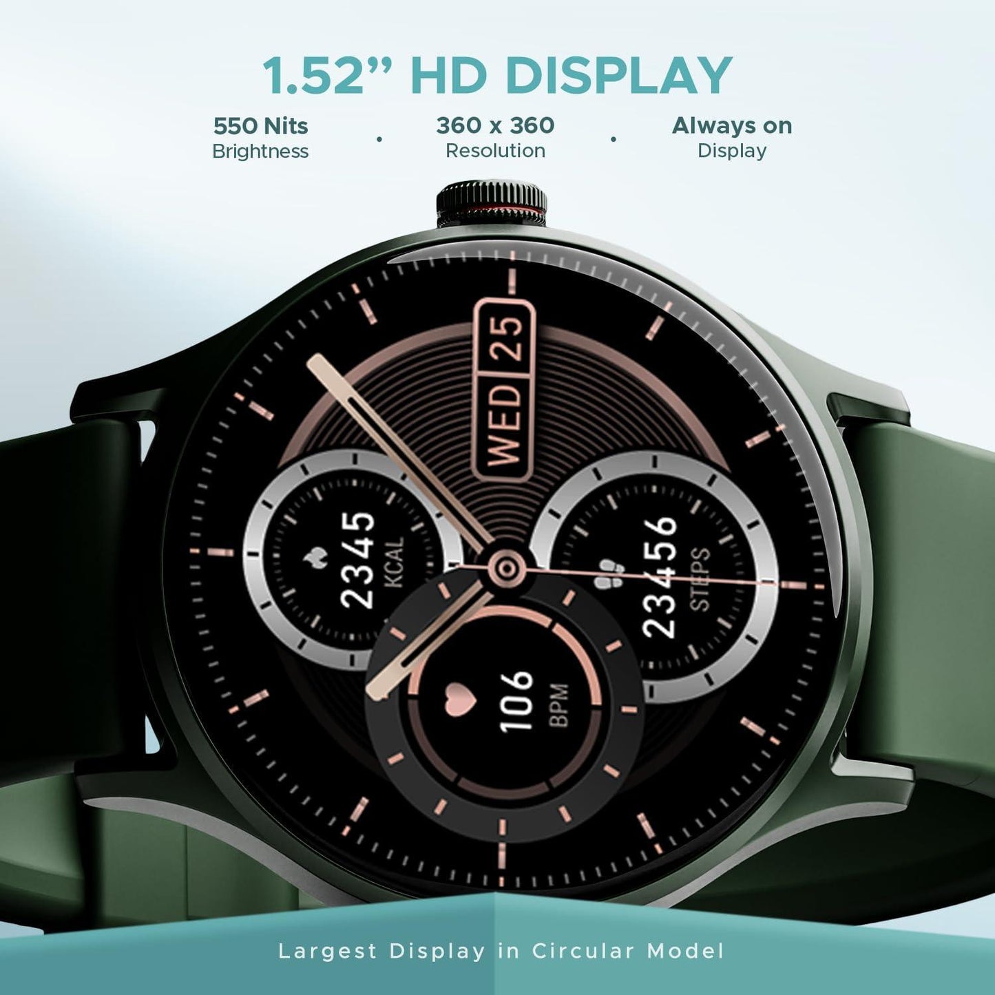 boAt Lunar Vista with 1.52" HD Display, Advanced Bluetooth Calling, Functional Crown,100+ Sports Mode, Always on Display, Heart Rate & Sp02 Monitoring, Smart Watch for Men & Women(Olive Green) - Triveni World