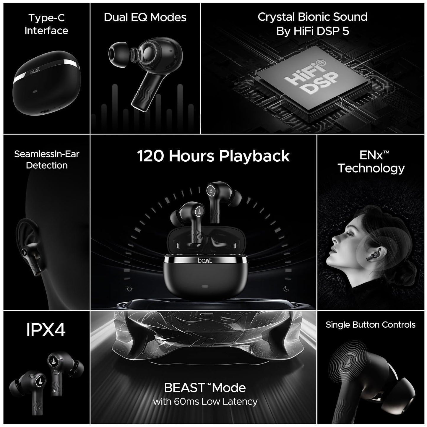 boAt Nirvana Ion TWS Earbuds with 120 HRS Playback(24hrs/Charge), Crystal Bionic Sound with Dual EQ Modes, Quad Mics ENx™ Technology, Low Latency(60ms), in Ear Detection(Charcoal Black) - Triveni World