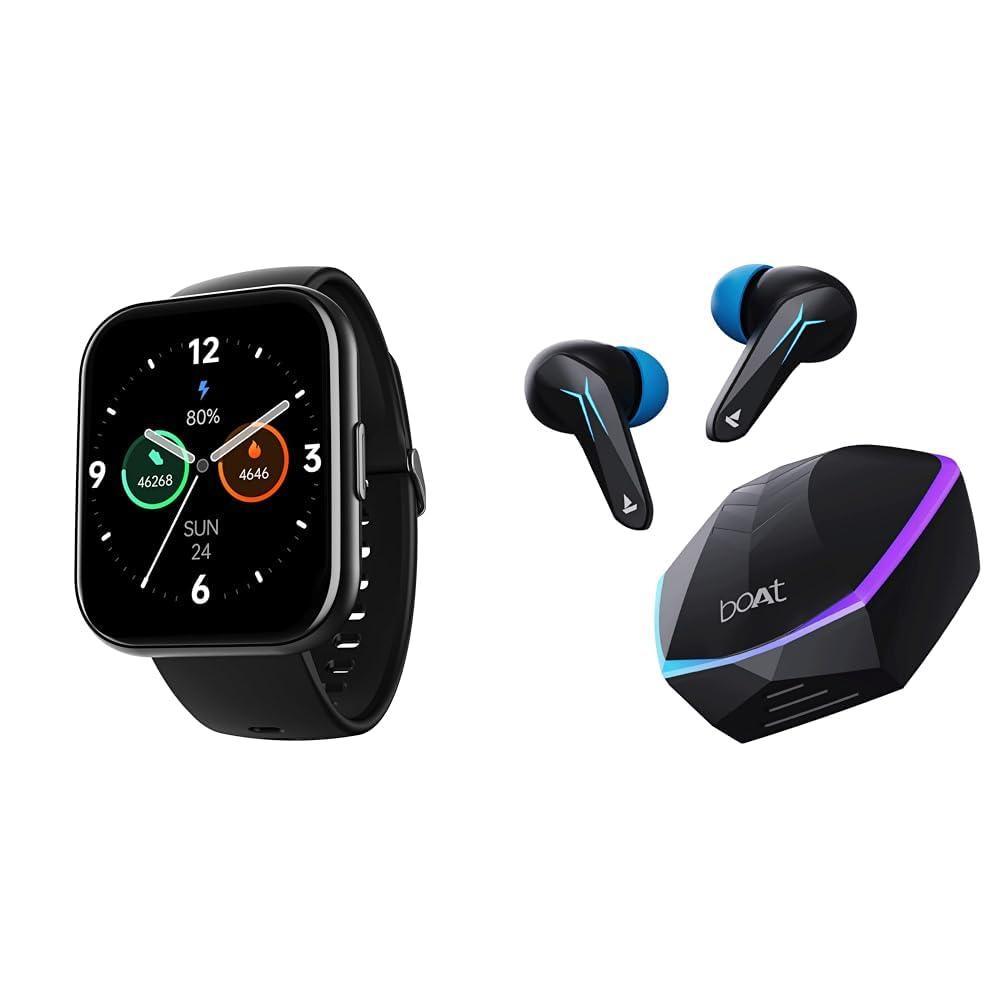 boAt Wave Active Smart Watch with 1.96" HD Display(Active Black) Immortal 121 TWS Earbuds with Beast™ Mode(40ms Low Latency)(Black Sabre) - Triveni World