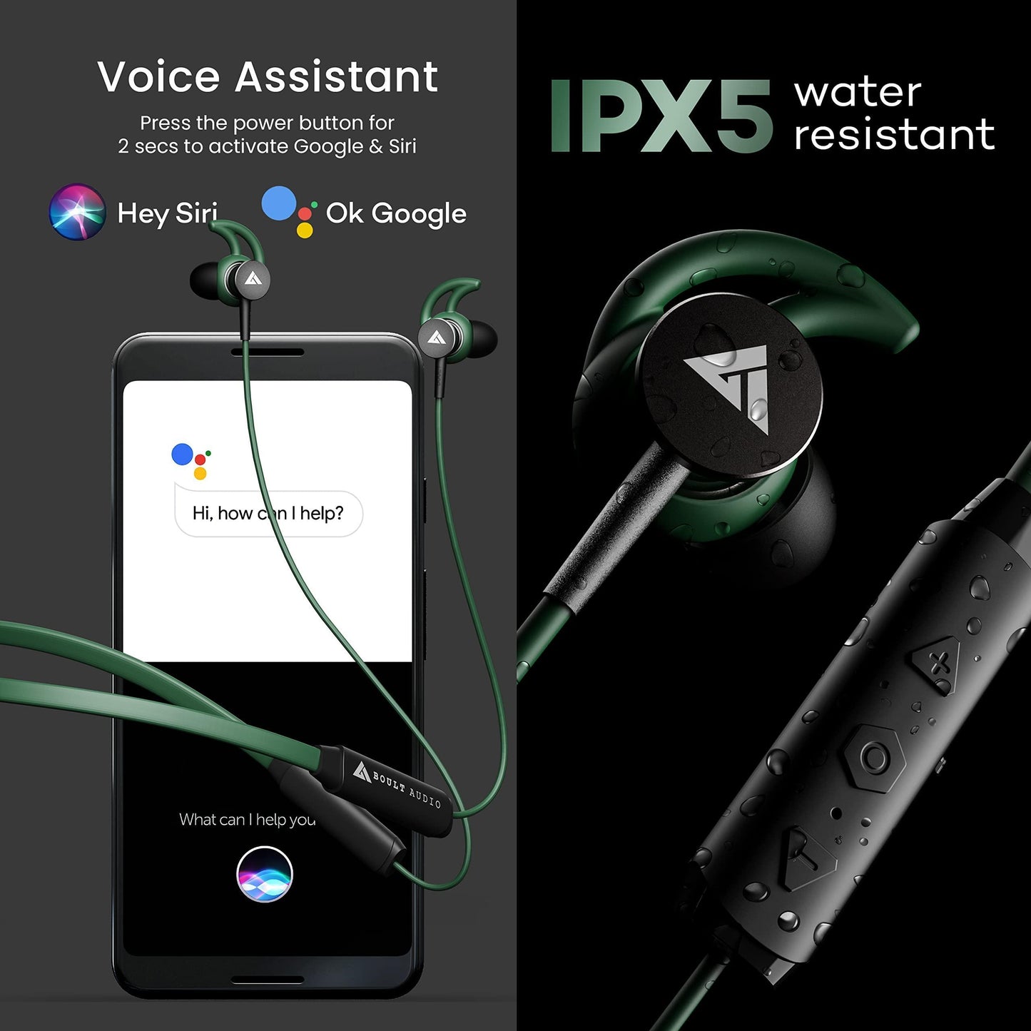 Boult Audio FXCharge Bluetooth Earphones with 32H Playtime, Dual Pairing Neckband, Zen™ ENC Mic, Type-C Fast Charging (5Mins=7.5Hrs), Biggest 14.2mm Bass Driver IPX5 Premium Silicone Neck band (Green) - Triveni World