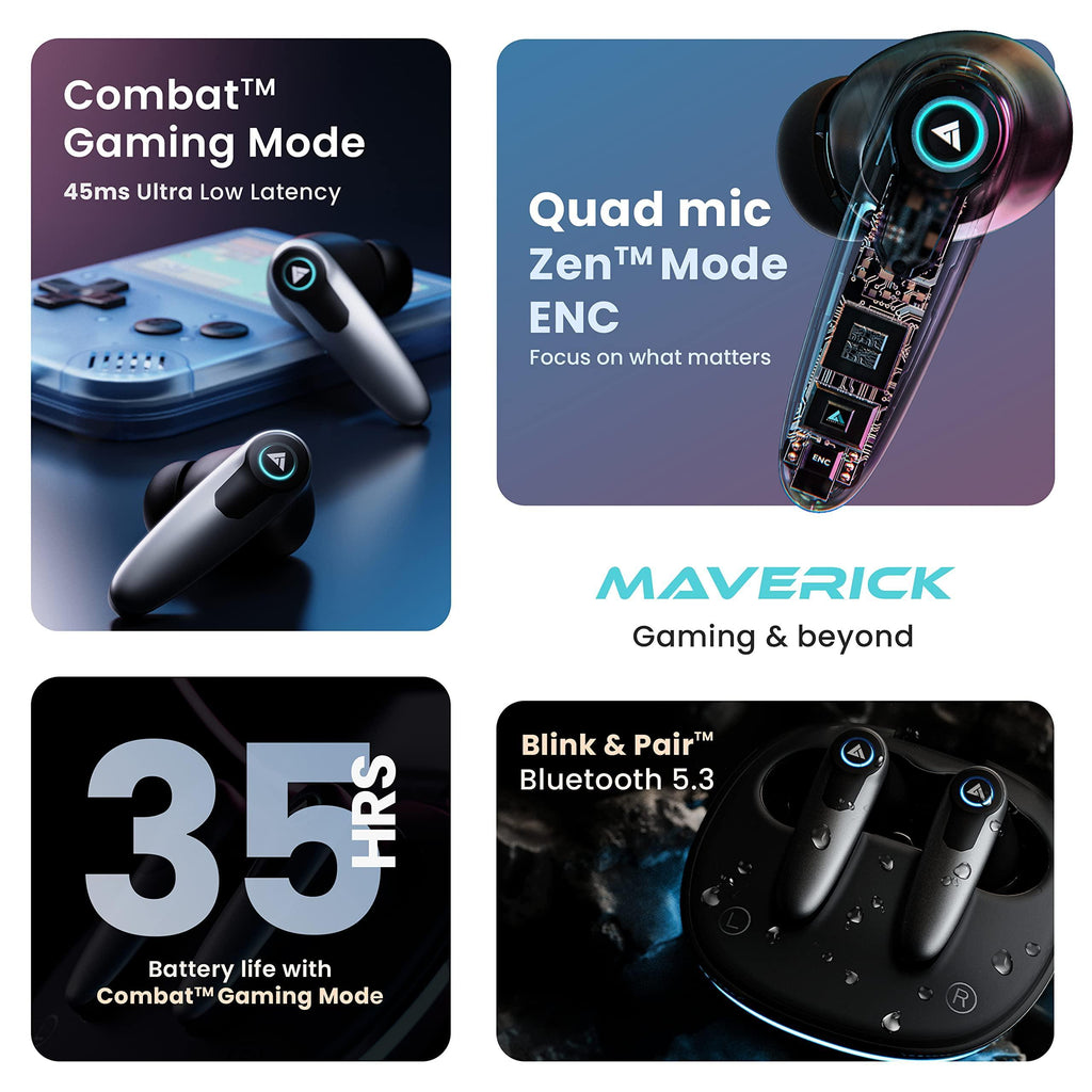 Boult Audio Maverick with 35H Playtime, 45ms Xtreme Low Latency Mode, Quad Mic ENC, Type C Fast Charging (10Mins=120Mins), 10mm Drivers, BT 5.3, IPX5 Airbass True Wireless in Ear Earbuds (Black) - Triveni World