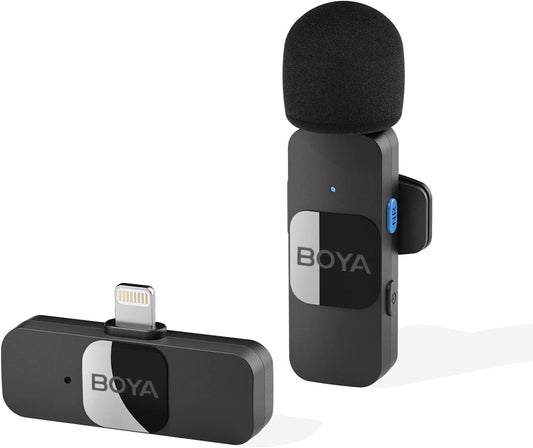 Boya by-V1 2.4 ghz Omnidirectional Wireless Microphone System with a Transmitter & a Receiver for iOS Devices. MFI Certified. for Social Media, YouTube Content with Rechargeable Battery. 50m Range. - Triveni World