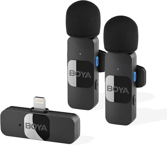 Boya by-V2 2.4 ghz Omnidirectional Wireless Microphone System with 2 Transmitters & a Receiver for iOS Devices. MFI Certified. for Social Media, YouTube Content with Rechargeable Battery. 50m Range. - Triveni World