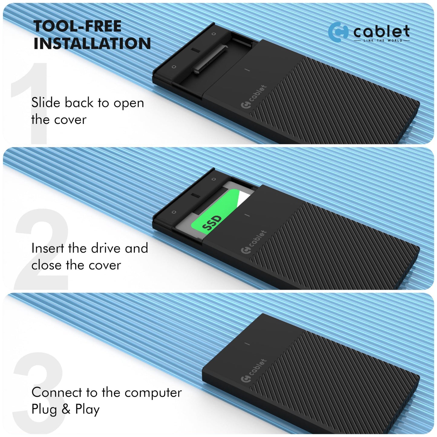 Cablet 2.5 Inch SATA USB 3.0 HDD/SSD Portable External Enclosure for 7mm and 9.5mm, Tool-Free Design, Supports UASP Max 6TB - Triveni World