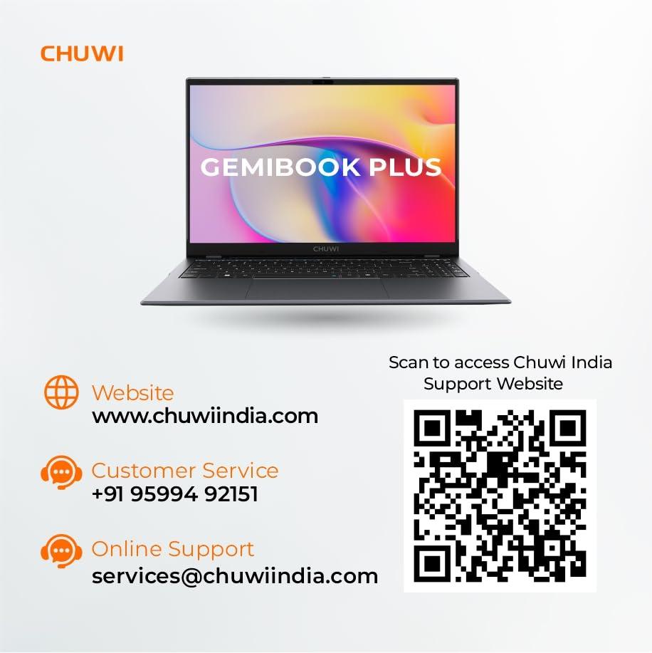 Chuwi GemiBook Plus 15.6" Laptop, 8GB RAM 256GB SSD, Windows 11, Intel N100 (Upto 3.4GHz), WIFI 6, USB-A 3.0, Webcam, Bluetooth 5.2, HDMI Port, 38Wh, 1.7kg (Iron Gray) - Triveni World