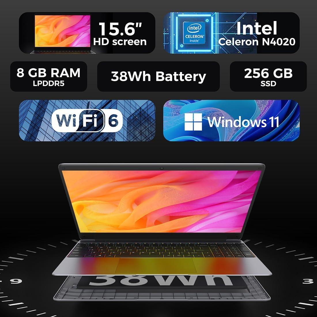 Chuwi HeroBook Plus 15.6" FHD Laptop, Intel Celeron N4020 Dual Core Processor Upto 2.80GHz, 8GB RAM, 256GB SSD, Intel UHD Graphics, Windows 11,WiFi 6,Webcam,BT 5.2,HDMI Port,38Wh, 1.74kg (Iron Gray) - Triveni World