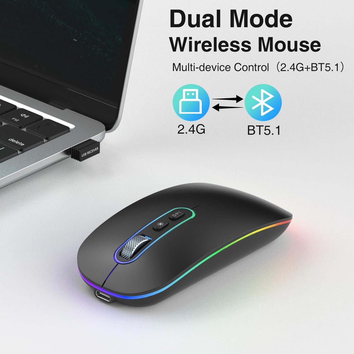 cimetech Dual Mode (BT 5.1+2.4G) Wireless Mouse Rechargeable, Portable Lightweight Ambidextrous Mouse with LED Lights, Compatible with iPad/Laptop/PC/Mac OS/Windows/Chrome OS - Black - Triveni World