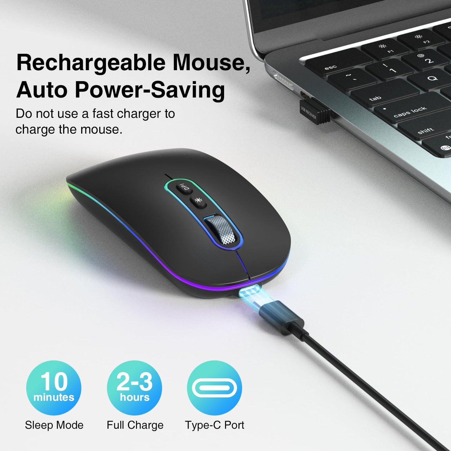 cimetech Dual Mode (BT 5.1+2.4G) Wireless Mouse Rechargeable, Portable Lightweight Ambidextrous Mouse with LED Lights, Compatible with iPad/Laptop/PC/Mac OS/Windows/Chrome OS - Black - Triveni World