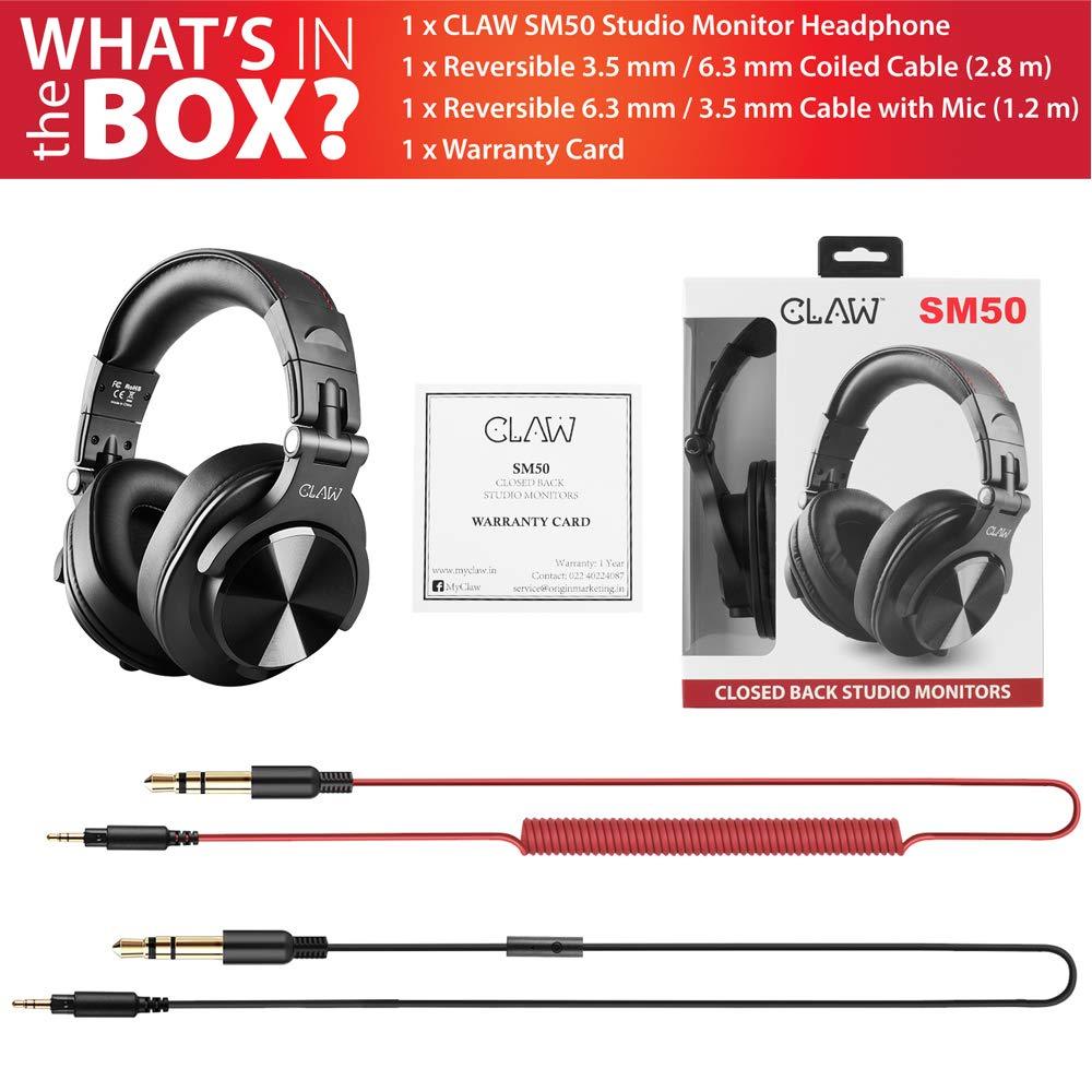 CLAW SM50 Professional Studio Monitoring DJ Wired Over Ear Headphones with 2 Detachable Cables (2.8m Coiled Cable & 1.2m Straight Cable with Mic and in-line Controls) (SM50) - Triveni World