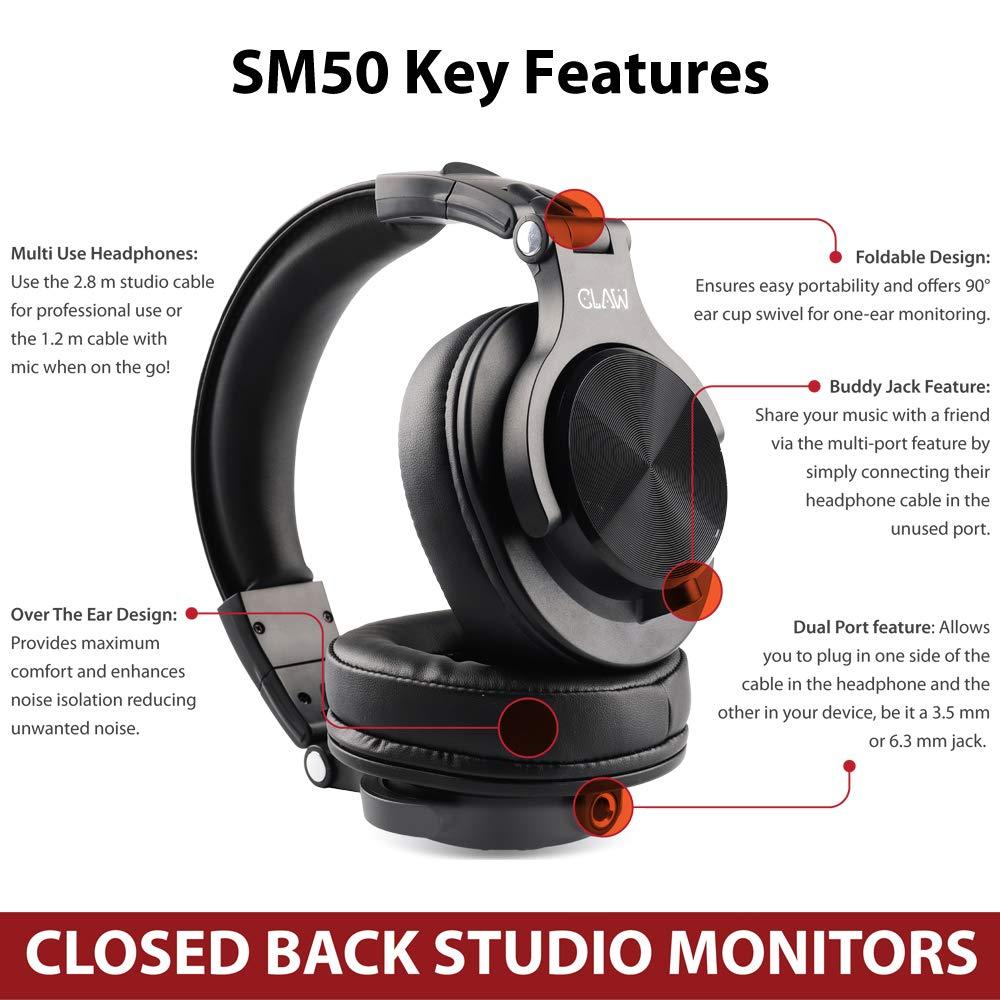 CLAW SM50 Professional Studio Monitoring DJ Wired Over Ear Headphones with 2 Detachable Cables (2.8m Coiled Cable & 1.2m Straight Cable with Mic and in-line Controls) (SM50) - Triveni World