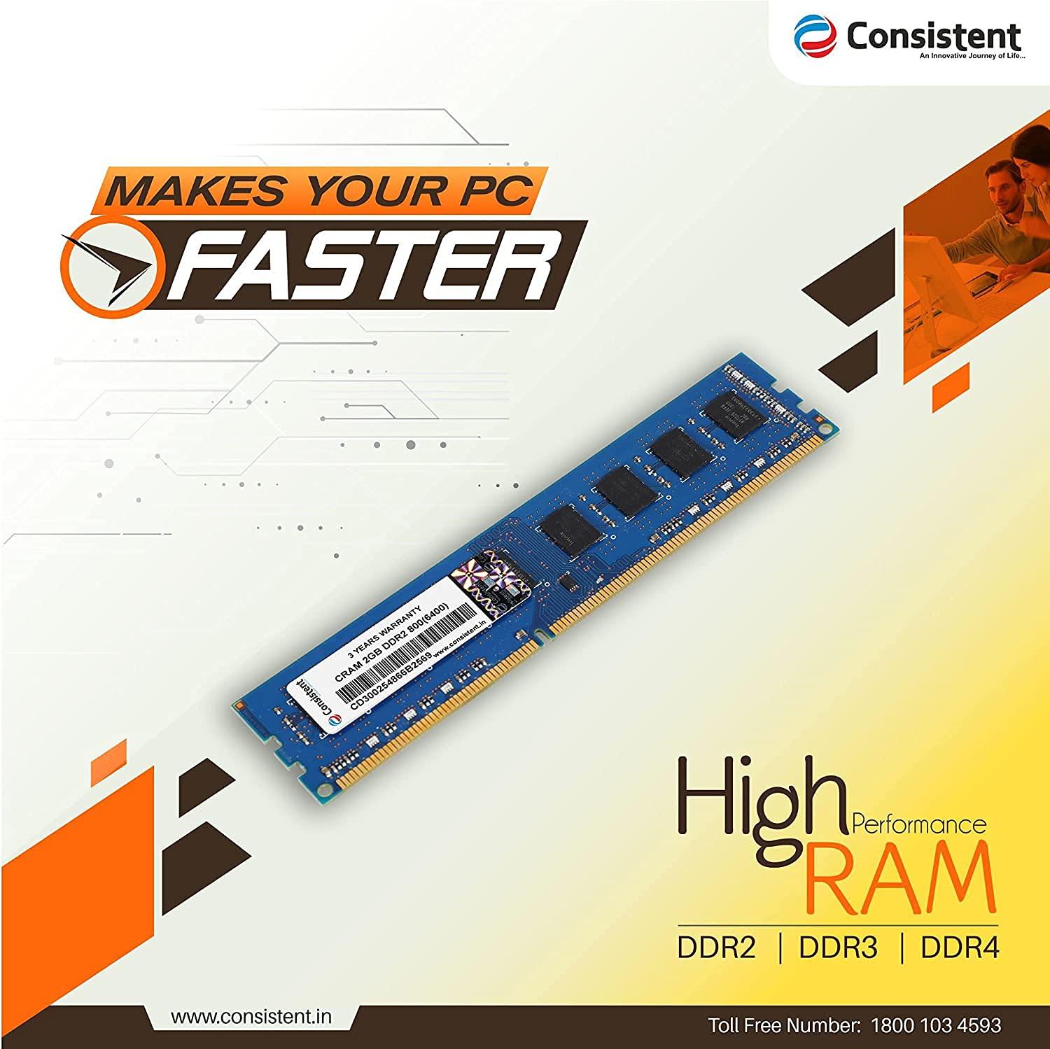 Consistent 4GB DDR3 RAM 1600MHz Desktop Memory, Long-DIMM (UDIMM) PC3-12800 for Standard & Gaming Desktop PC with 3 Years Manufacturer Warranty (Made in India) - Triveni World