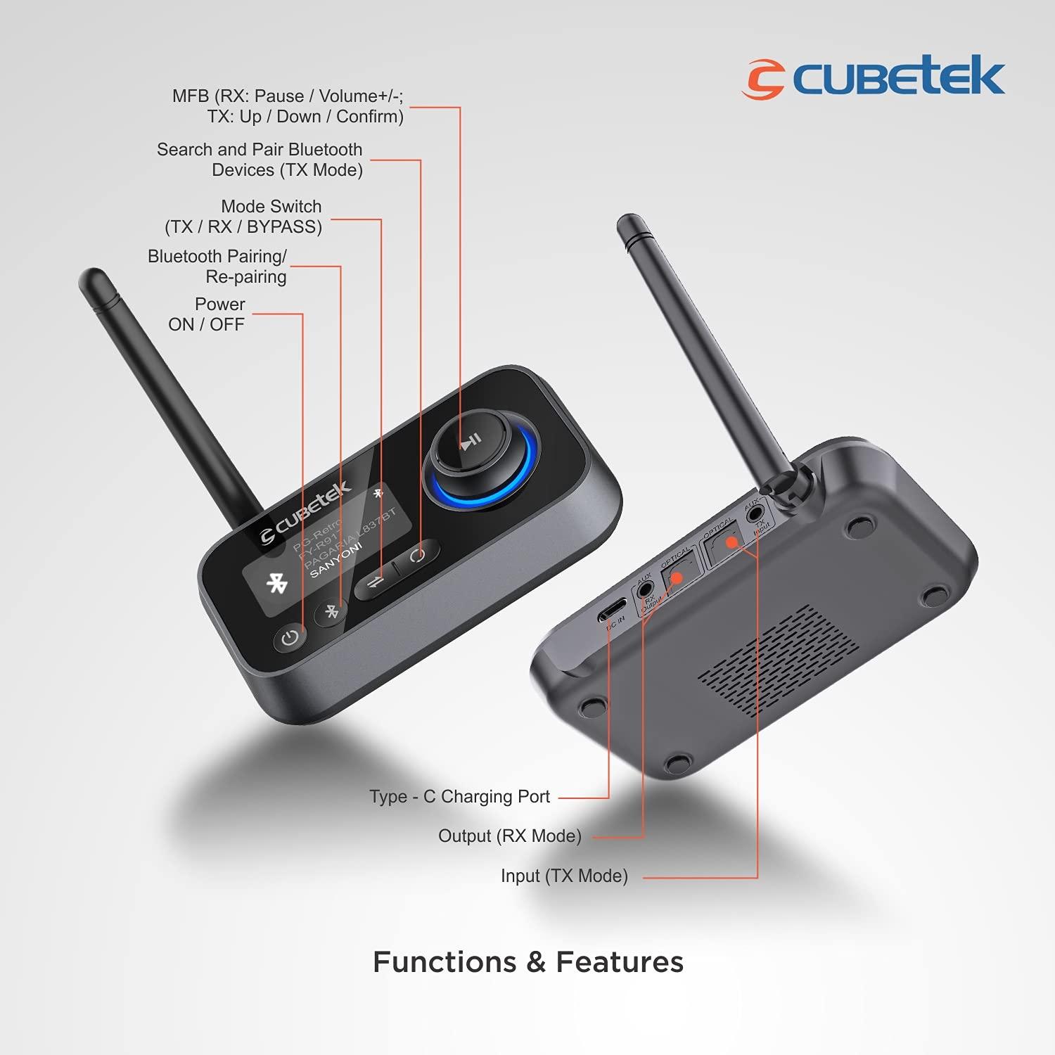 Cubetek 3 in 1 LCD Display V5.0 Bluetooth Transmitter Receiver, Bypass Audio Adapter with Aux, Optical, Dual Link Support for TV, Home Stereo, PC, Headphones, Speakers, Model: CB-BT27 - Triveni World