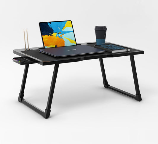 Cubiker Multipurpose Foldable Laptop Table with Cup Holder | Table Home Study Writing Table, Bed Table, Breakfast Table, Foldable and Portable/Ergonomic Edges (Black - 60[L] x 40[W] x 24[H] cm) - Triveni World