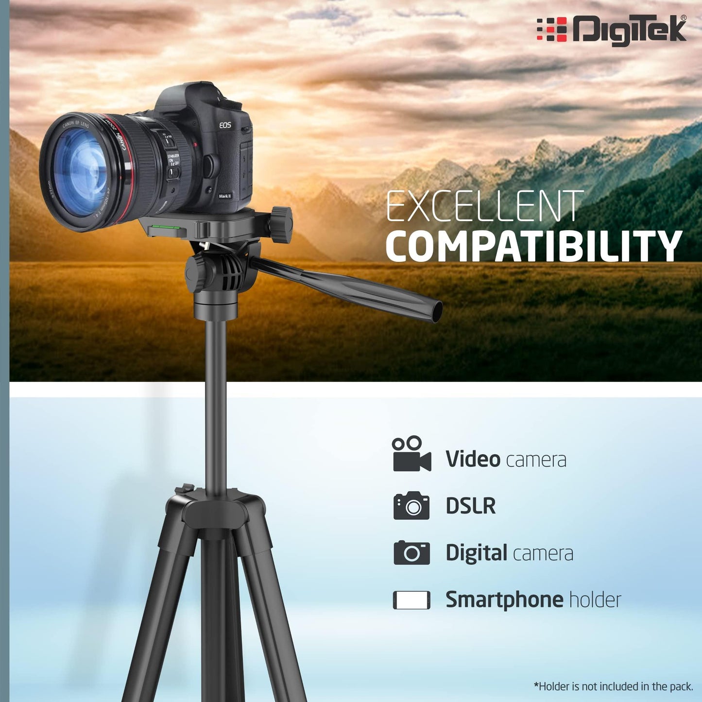 DIGITEK (DTR 480LW) 57 Inch Portable Aluminium Alloy Tripod with Smartphone Holder & 360° Ball Head, 3 Section Adjustment, 2kg Load Capacity, Carry Bag, Compatible with Smartphone, Video Camera, DSLR. - Triveni World