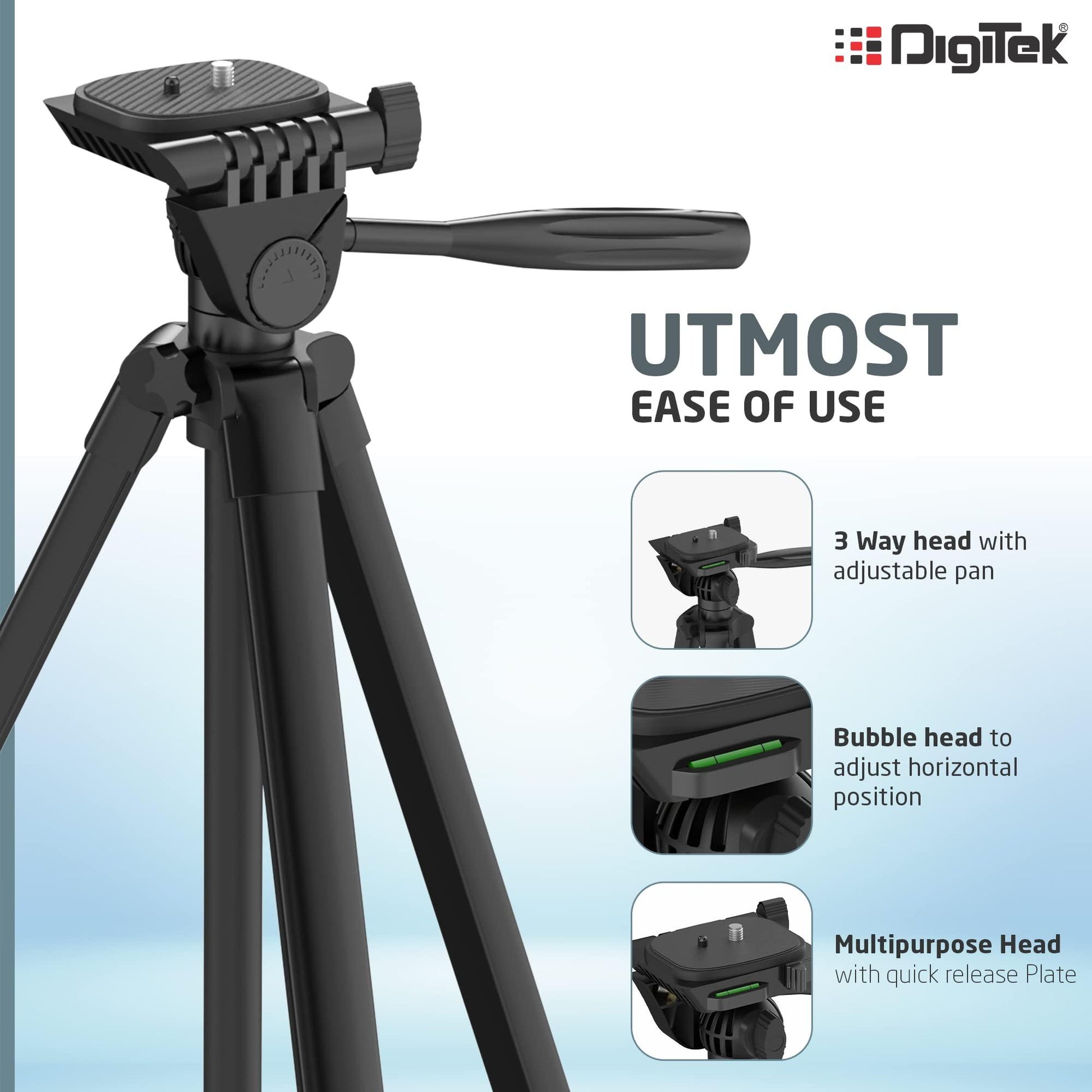 DIGITEK (DTR 480LW) 57 Inch Portable Aluminium Alloy Tripod with Smartphone Holder & 360° Ball Head, 3 Section Adjustment, 2kg Load Capacity, Carry Bag, Compatible with Smartphone, Video Camera, DSLR. - Triveni World