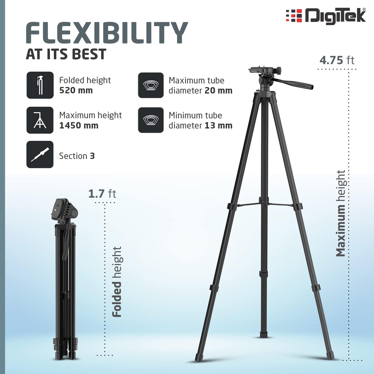 DIGITEK (DTR 480LW) 57 Inch Portable Aluminium Alloy Tripod with Smartphone Holder & 360° Ball Head, 3 Section Adjustment, 2kg Load Capacity, Carry Bag, Compatible with Smartphone, Video Camera, DSLR. - Triveni World