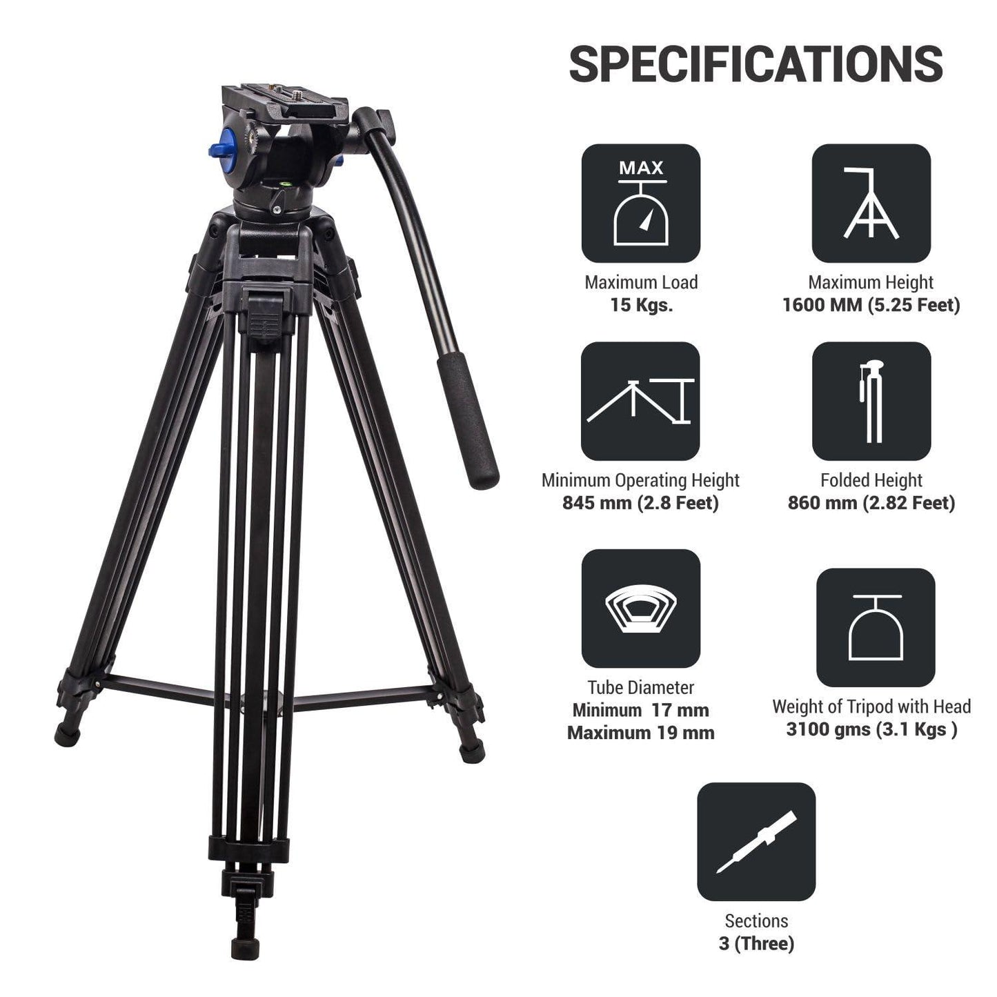 DIGITEK® (DPTR 601 VD) 160CM Professional Heavy Duty Tripod with 2-Way Pan Head & Rubberized Leg, 15kg Max Load, Lightweight 3.1kg, 3-Section Adjustment, Idea for DSLR, Digital Video Cameras - Triveni World