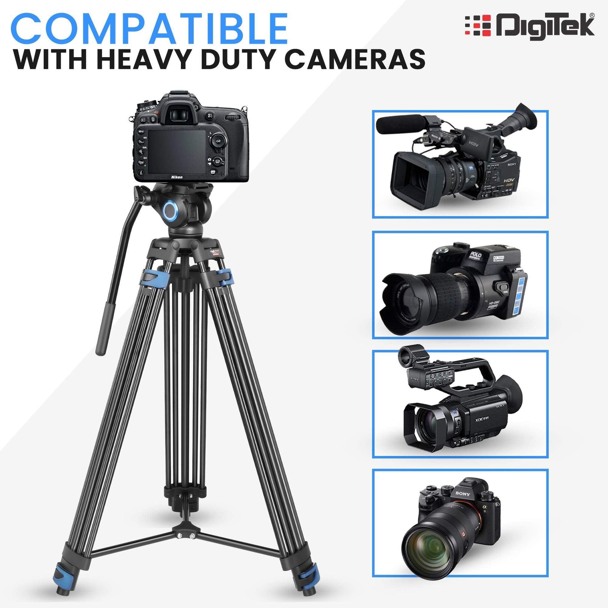 DIGITEK® (DPTR 605 VD) 183cm Heavy Duty Tripod with 2 Way Pan Head & Bubble Head, 6 Feet Max Height, 20kg Max Load, Rubberized Legs, Quick Release Head for Digital Video Cameras & GoPro Devices - Triveni World