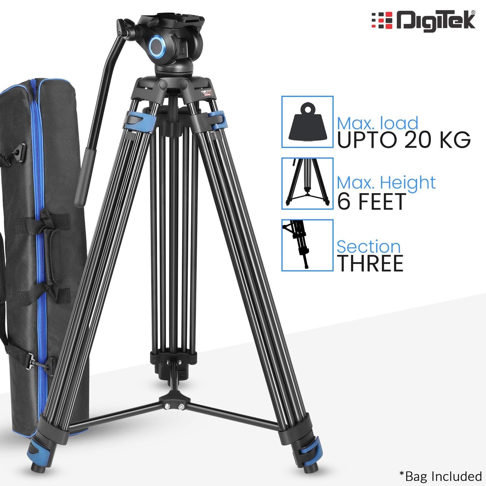 DIGITEK® (DPTR 605 VD) 183cm Heavy Duty Tripod with 2 Way Pan Head & Bubble Head, 6 Feet Max Height, 20kg Max Load, Rubberized Legs, Quick Release Head for Digital Video Cameras & GoPro Devices - Triveni World