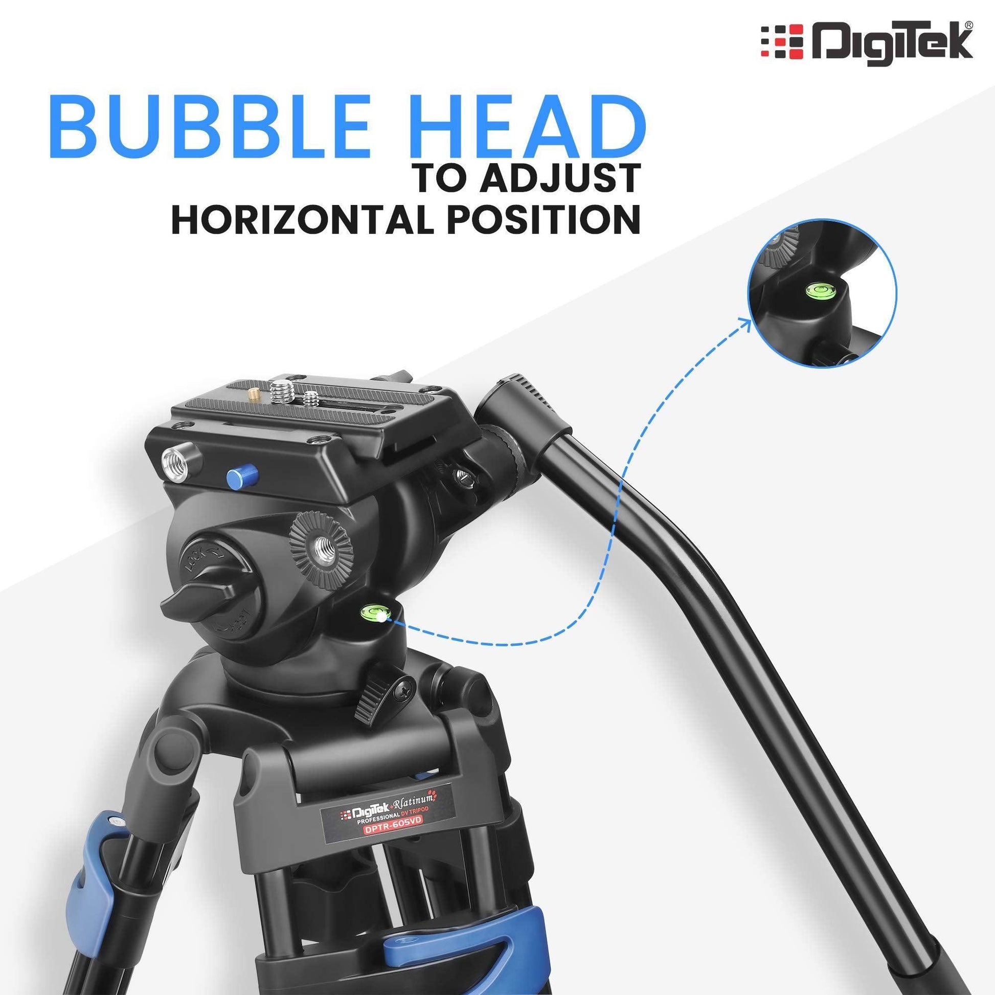 DIGITEK® (DPTR 605 VD) 183cm Heavy Duty Tripod with 2 Way Pan Head & Bubble Head, 6 Feet Max Height, 20kg Max Load, Rubberized Legs, Quick Release Head for Digital Video Cameras & GoPro Devices - Triveni World