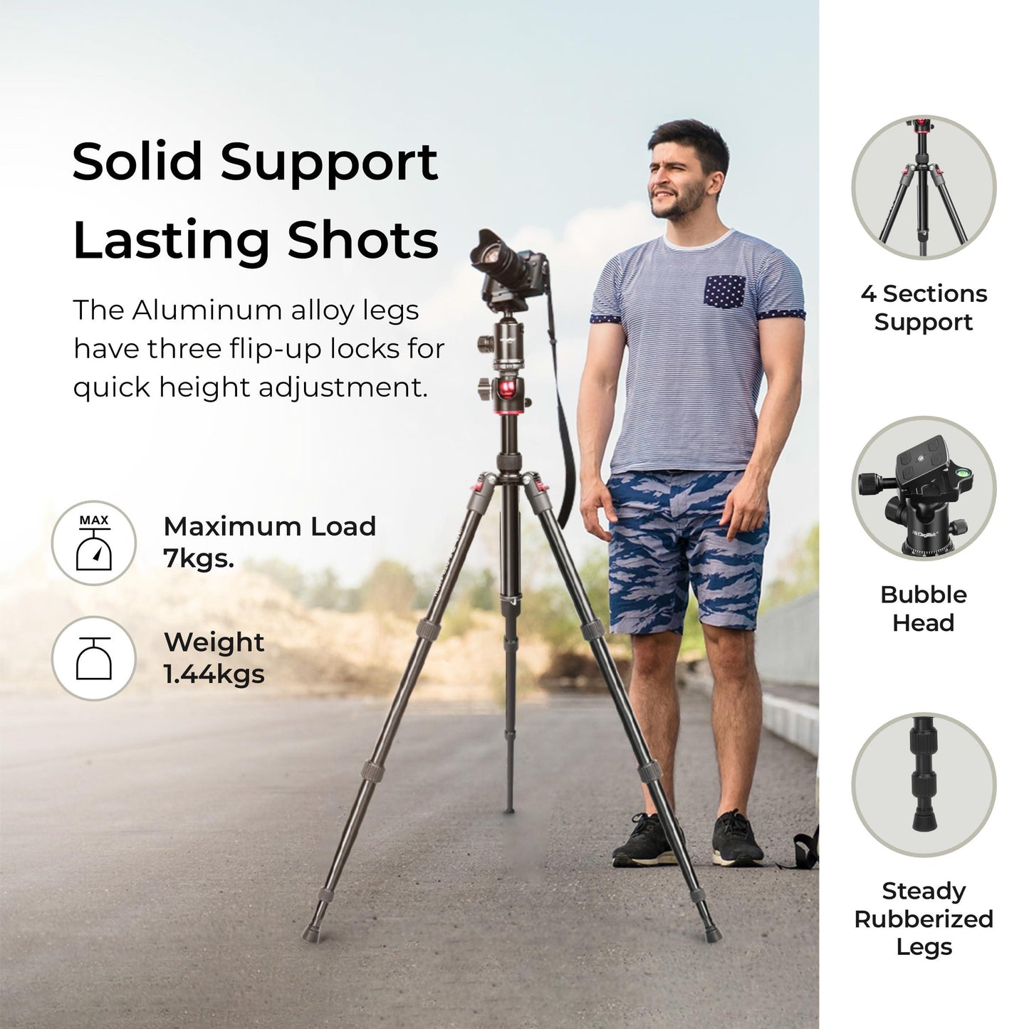 DIGITEK® (DTR 520 BH) 152CM Foldable Aluminum Tripod Cum Monopod with Swivel Pan Head, 4 Section Adjustment, 7kg Max Load, Max Operating Height: 4.95Ft, Compatible with DSLR Camera, Dv Video Camcorder - Triveni World