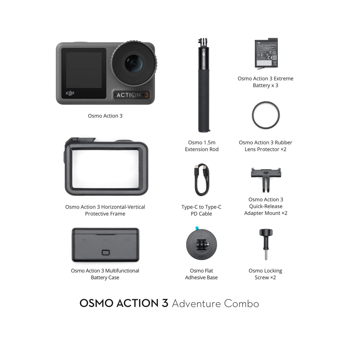 DJI Osmo Action 3 Optical Zoom 4X Adventure Combo - 4K Action Camera, Waterproof, HorizonSteady, Cold Resistant & Long-Lasting, Battery Case, Extension Rod, Vlog Camera for YouTube, Black - Triveni World