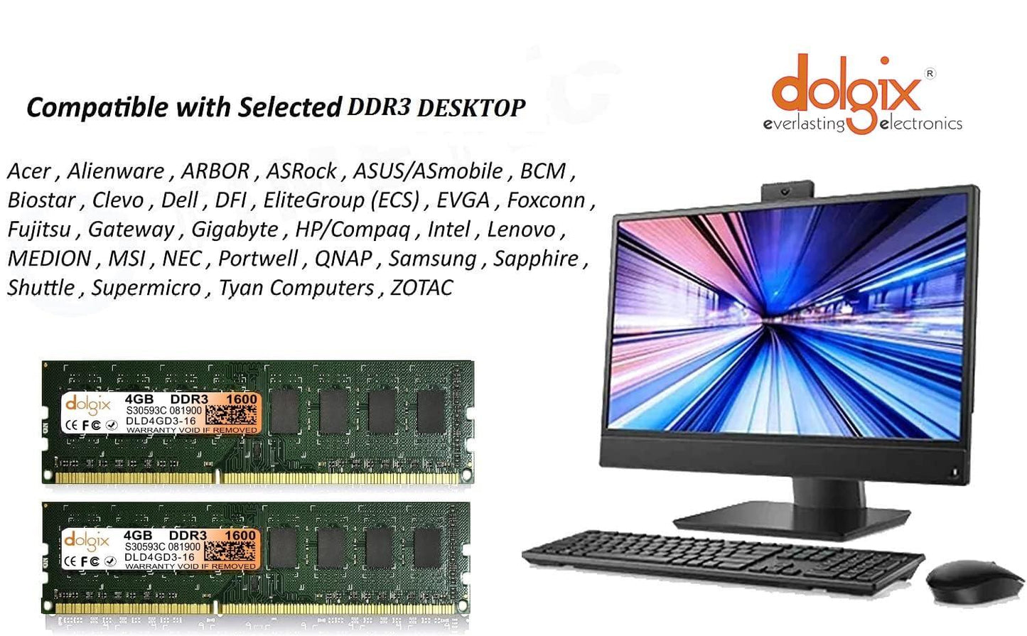 Dolgix 4GB DDR3 1600MHz Desktop Ram U-DIMM, LO-DIMM, UB-DIMM Memory Module - 16C - Triveni World