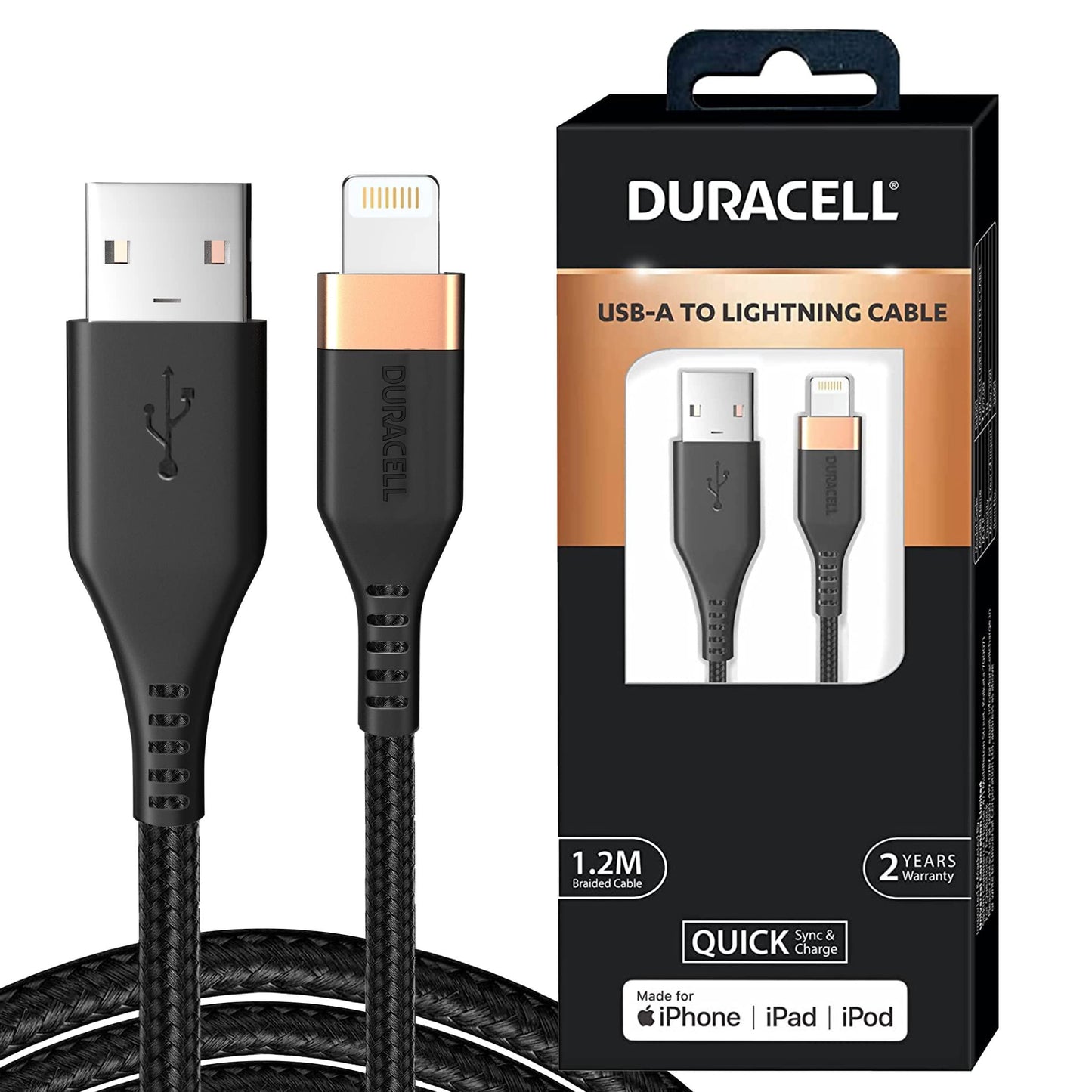 Duracell USB Lightning Apple Certified (Mfi) Braided Sync & Charge Cable For Iphone, Ipad And Ipod. Fast Charging Lightning Cable, 3.9 Feet (1.2M) - Black - Triveni World