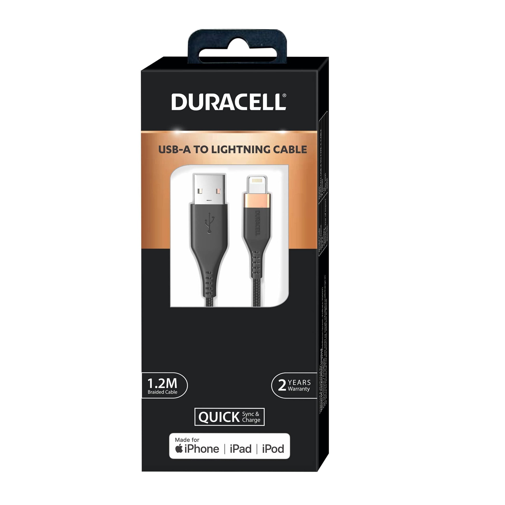 Duracell USB Lightning Apple Certified (Mfi) Braided Sync & Charge Cable For Iphone, Ipad And Ipod. Fast Charging Lightning Cable, 3.9 Feet (1.2M) - Black - Triveni World