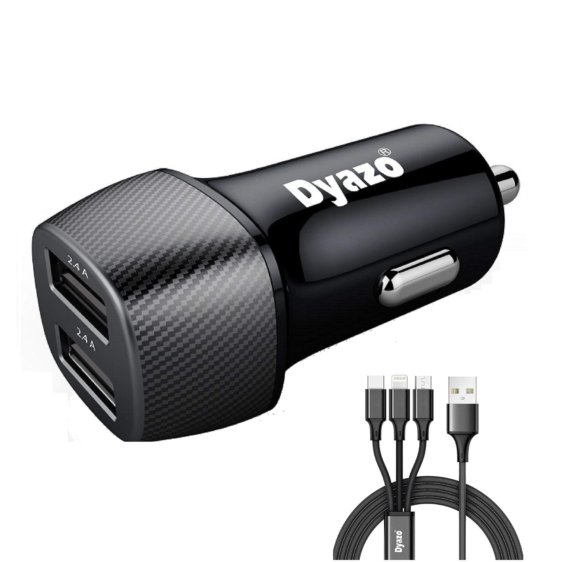 Dyazo 4.8 Amp (2.4 & 2.4 Amp) Dual Port Fast USB Car Charger Compatible W/iPhone Xr/Xs/Max/X/8/7/Plus,Ipad Pro/Air 2/Mini,Galaxy,Lg,HTC & All Other Cellular Phones W/Free 3In1 Cable-Carbon Black - Triveni World