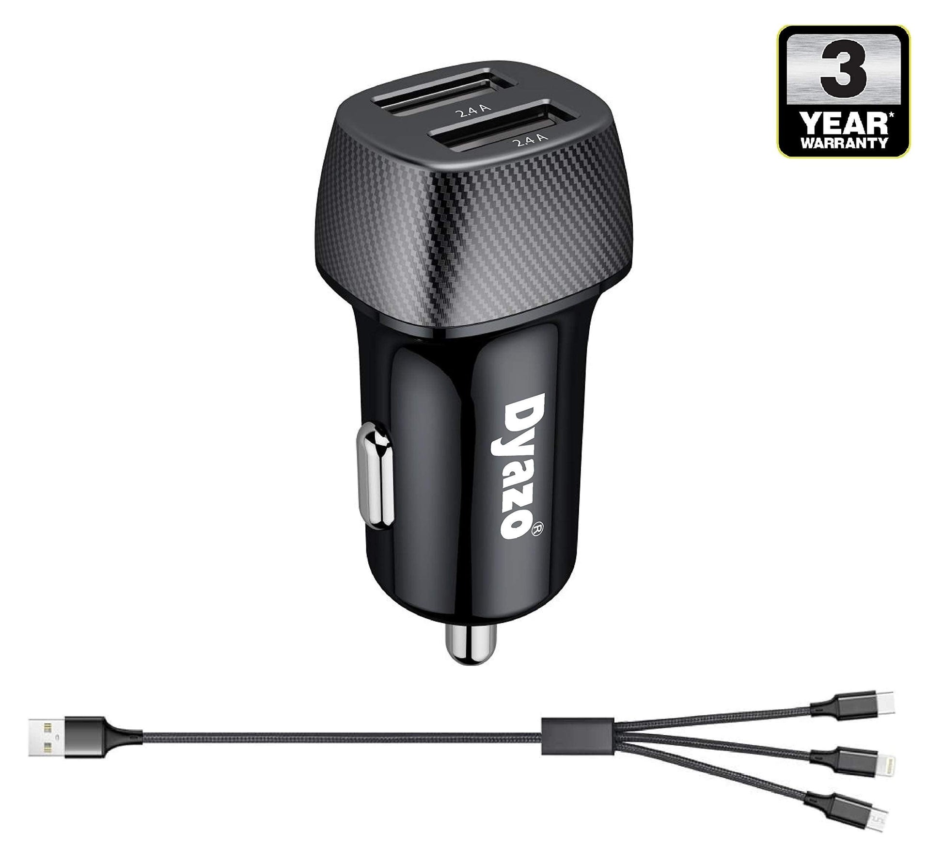 Dyazo 4.8 Amp (2.4 & 2.4 Amp) Dual Port Fast USB Car Charger Compatible W/iPhone Xr/Xs/Max/X/8/7/Plus,Ipad Pro/Air 2/Mini,Galaxy,Lg,HTC & All Other Cellular Phones W/Free 3In1 Cable-Carbon Black - Triveni World