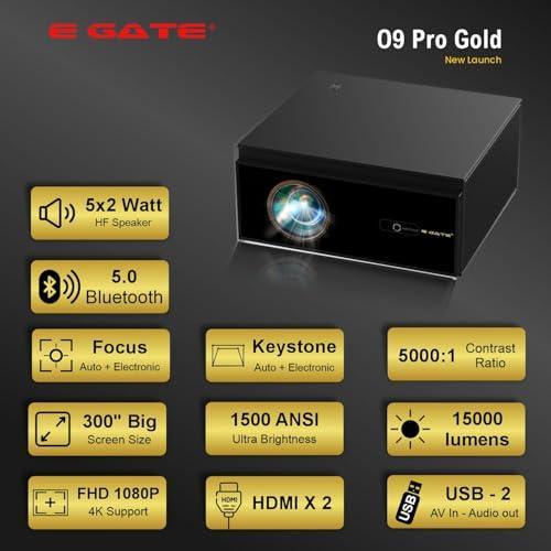 E Gate O9 Pro Gold 100% Dust Proof Mega Bright 1500 ANSI Projector. Fully Automatic 1080p Native with 4k Support, 2 HDMI with ARC, Bluetooth & Dual Wifi6, 12W Speaker, Android TV, 2GB + 32GB - Triveni World